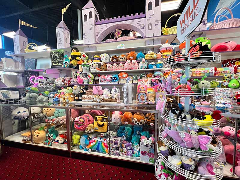Retail store display filled with assorted plush toys and stuffed animals arranged on shelves and racks, featuring colorful characters, varied sizes, and themed designs, showcasing wholesale plush toy merchandising, gift shop presentation, and consumer retail environments for soft toys.