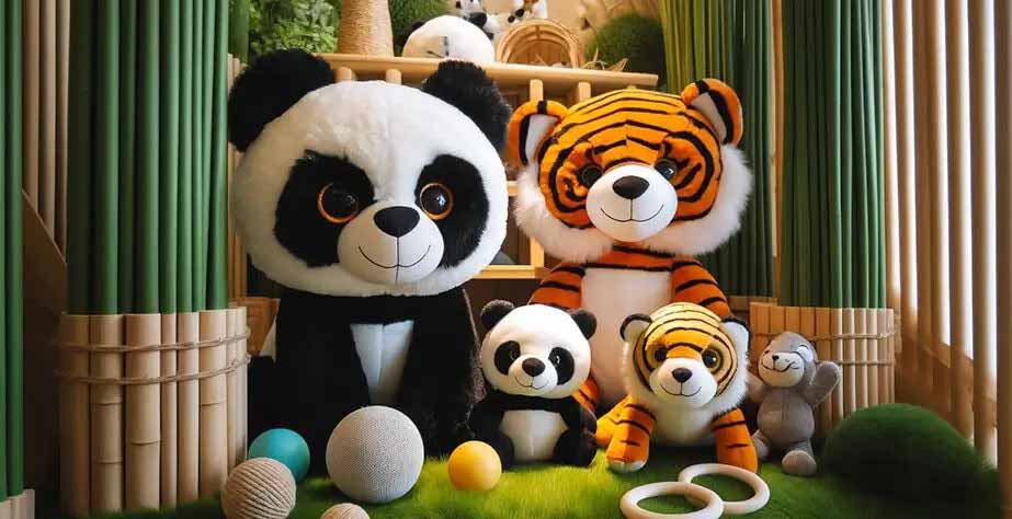 A group of plush animals including large panda and tiger toys, along with smaller matching panda, tiger, and monkey plushies, arranged in a bamboo-themed setting with green grass, wooden elements, and toy balls in the foreground.