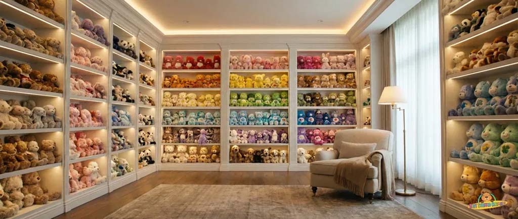Room filled with neatly organized plush toys displayed on shelves.