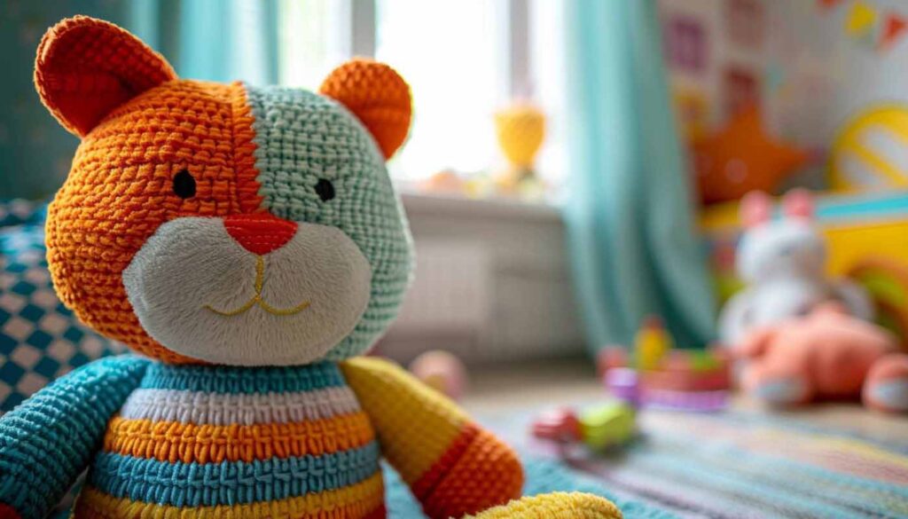 A close-up of a brightly colored crochet cat plush toy with orange, blue, and yellow yarn, sitting in a cozy children's playroom with soft toys and decor blurred in the background.