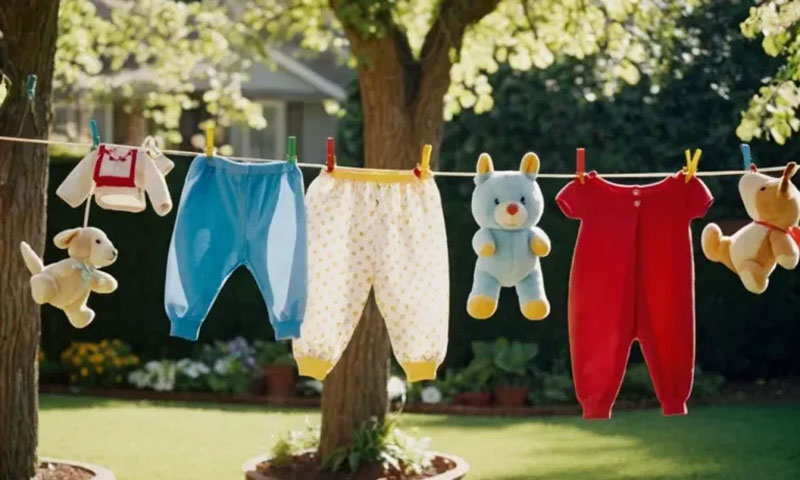 Stuffed animals and baby clothes hanging on a clothesline outdoors.