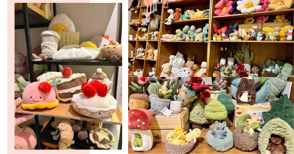 A Jellycat retail display featuring a wide variety of plush toys, including food-themed plushies, animals, and plant-inspired soft toys arranged on shelves, showcasing playful designs, premium plush fabrics, soft textures, and vibrant colors commonly found in boutique toy stores and gift shops.