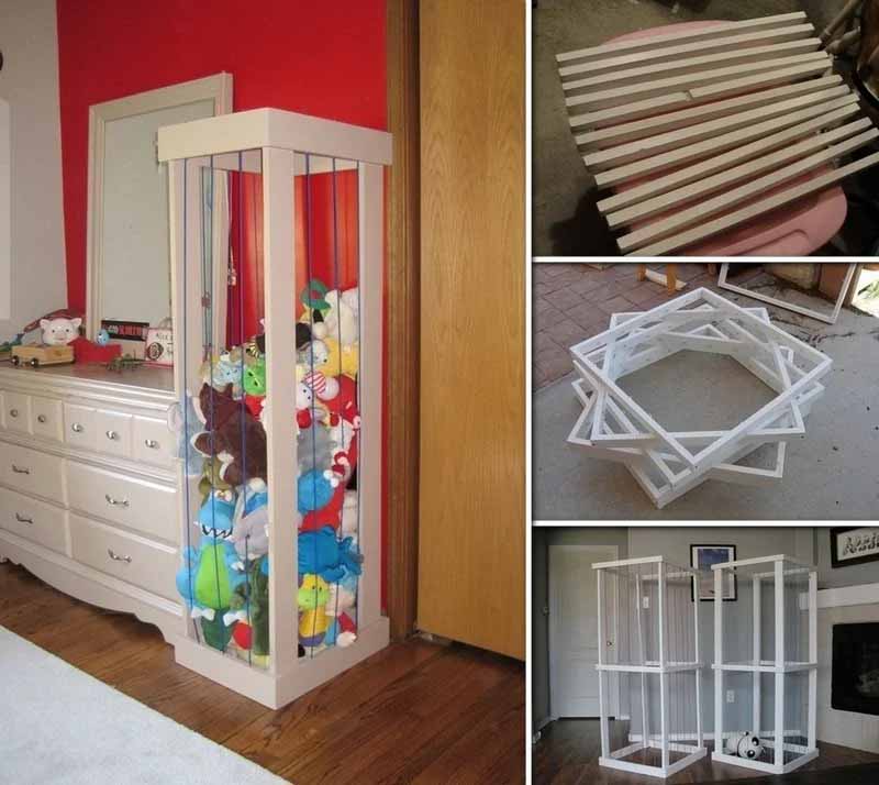 DIY vertical stuffed animal zoo cabinet made from wooden frames and slats, showing construction steps and finished tall storage tower filled with plush toys in a child’s room.