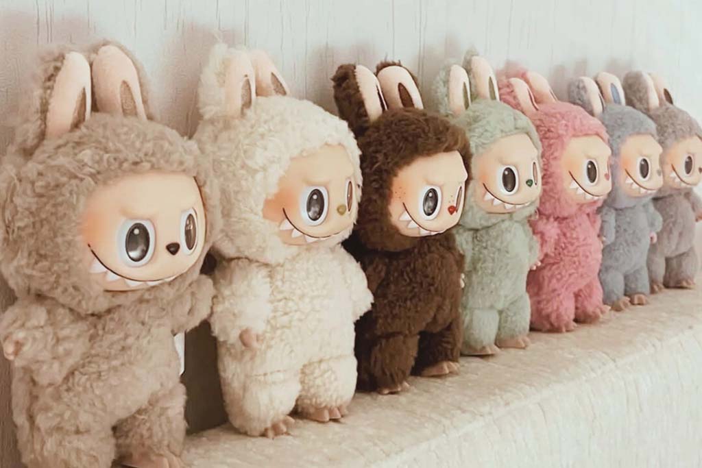 A lineup of Labubu-style plush dolls with oversized eyes and fluffy bunny-ear costumes, displayed in multiple pastel and neutral colors on a shelf.