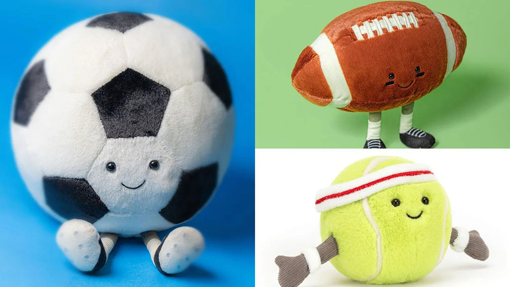 Smiling sports-themed plush toys including a soccer ball, American football, and tennis ball, designed with soft fabrics and playful character details, ideal for sports gift collections, novelty stuffed animals, and lifestyle plush toy merchandising.