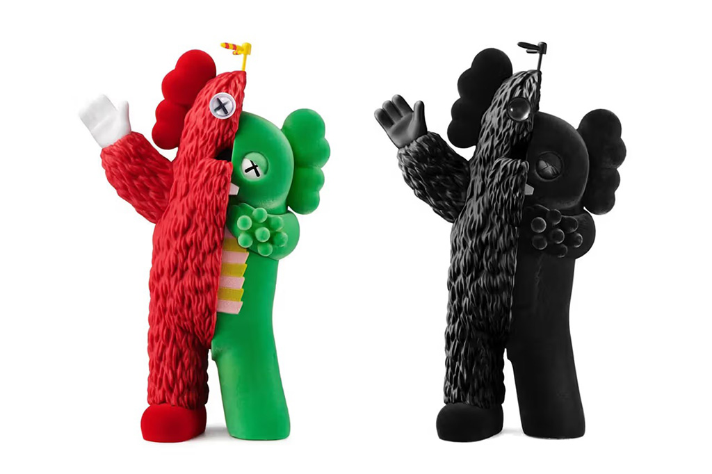 KAWS Kachamukku collectible vinyl figures in red–green and all-black variants, featuring the signature split-body design and cartoon-style sculpting on a white background.