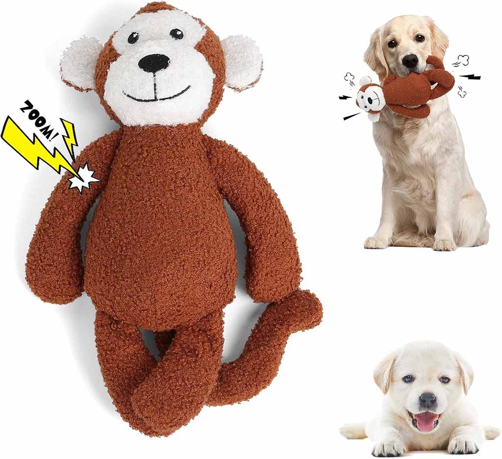 A brown monkey-shaped plush dog toy with a squeaker is shown alongside a golden retriever holding the toy and a small white puppy sitting beside it.