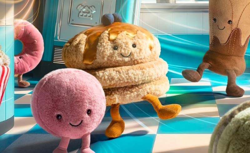 Cute plush toys shaped like breakfast foods—pancakes, a pink macaron, and a drink—dancing in a bright, retro-style kitchen setting.