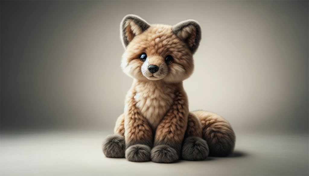 Cute fox plush toy sitting upright with fluffy textured fur, rounded ears, and a soft bushy tail against a neutral studio background.