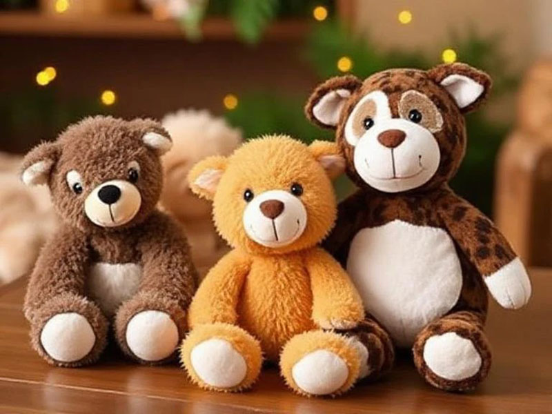 Set of three soft teddy bear plush toys in brown and golden tones, featuring rounded shapes, embroidered facial details, and child-safe stitching, displayed together as a coordinated plush collection ideal for children’s gifts, retail plush assortments, and OEM or custom plush toy manufacturing.