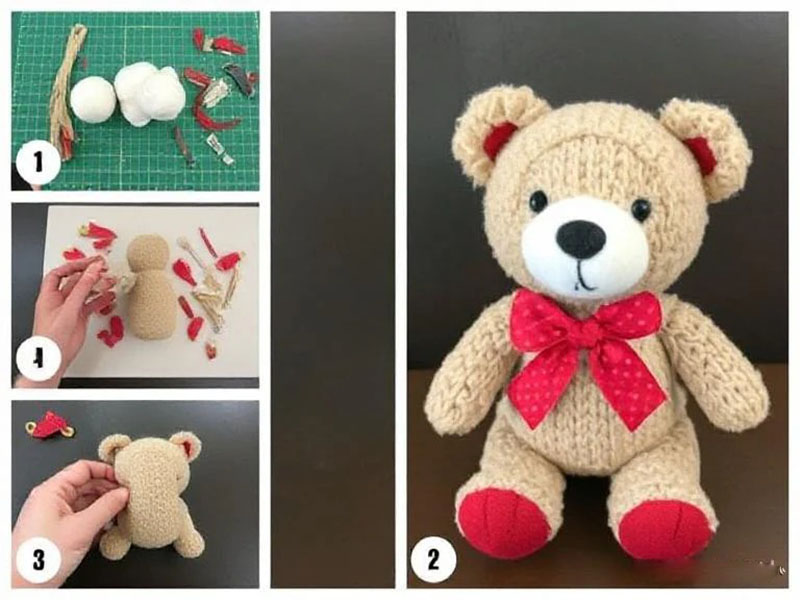 A four-panel step-by-step guide showing how to assemble a knitted teddy bear, including materials, attaching parts, and the finished plush with a red bow and red accents.