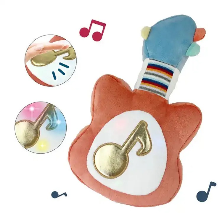 Soft musical plush guitar toy for babies featuring a golden note that lights up and plays sounds when pressed, with colorful striped neck and pastel details.
