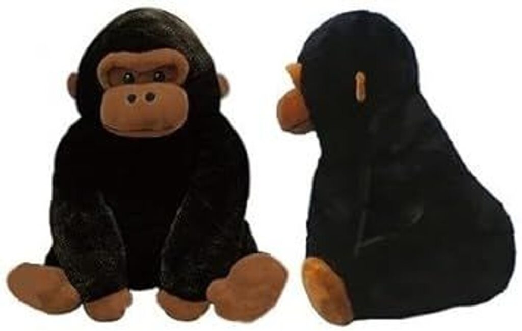 Soft black plush gorilla toy shown from front and side views, featuring brown face, hands, feet, and a friendly embroidered expression.