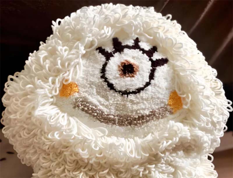 Close-up of a fluffy white plush toy with a single embroidered eye, curly textured fur, orange cheek details, and a stitched smiling mouth.