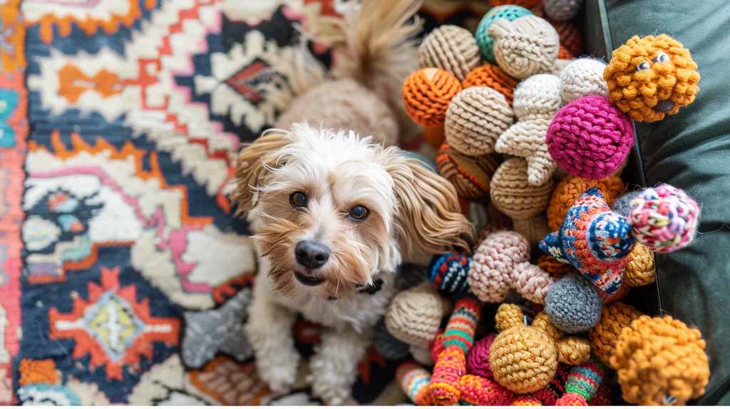 Small fluffy dog sitting beside a large pile of colorful knitted dog toys on a patterned rug.