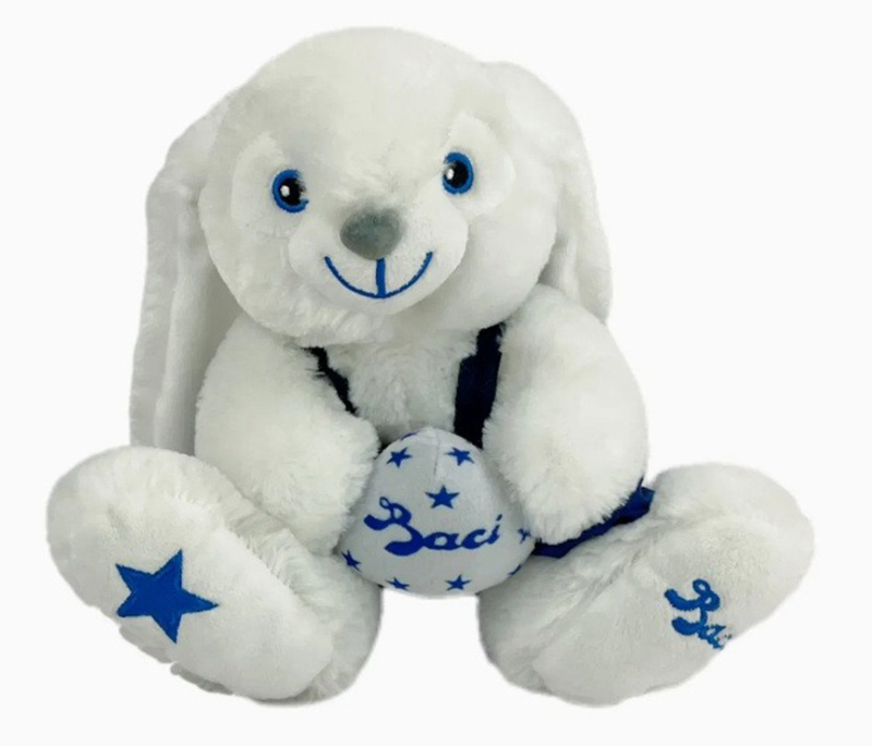Soft white bunny plush toy holding a blue star-patterned ball, featuring embroidered blue details on its face and feet.