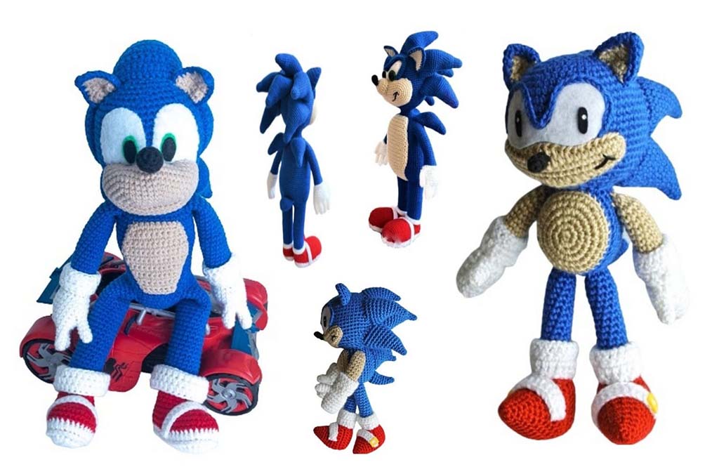 Multiple handmade crocheted Sonic the Hedgehog plush dolls displayed in various poses and angles, showing blue yarn bodies, beige muzzles and bellies, white gloves, and red shoes, including a seated version on a red toy car.
