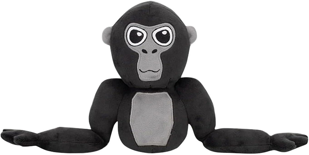 Soft black gorilla plush toy with long outstretched arms, grey face details, and a friendly cartoon-style expression.