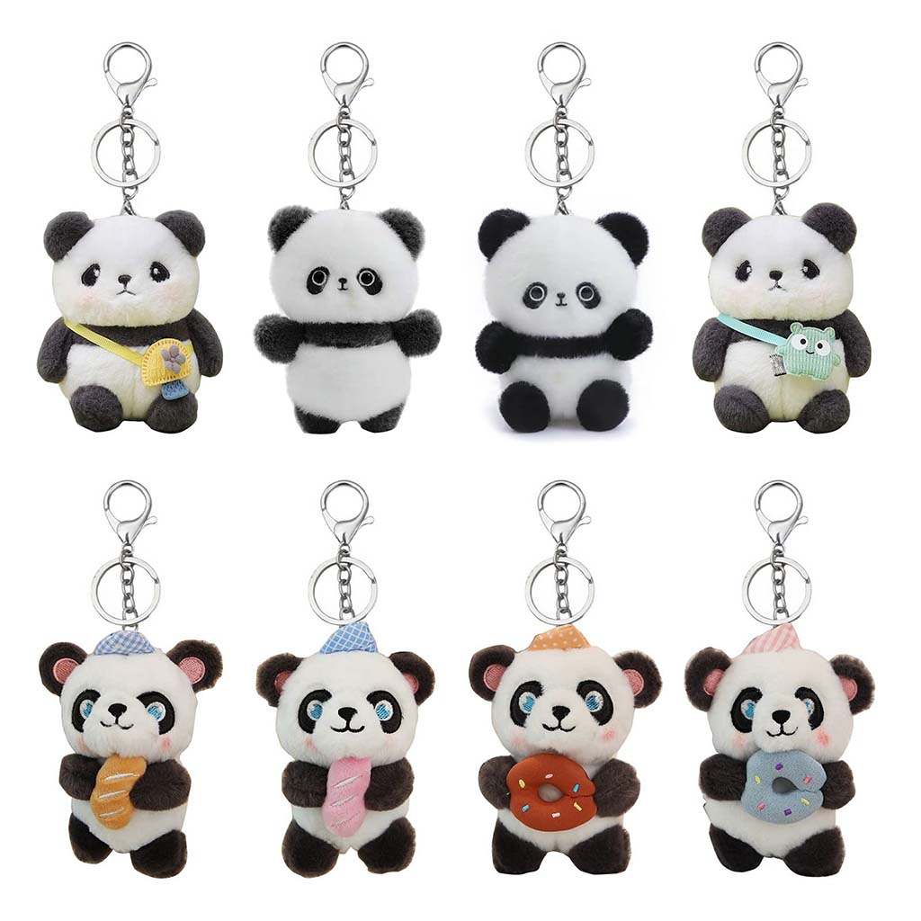 Cute assorted panda plush keychains in different styles and outfits, featuring donuts, baguettes, and small bags, with metal chains and clips, displayed on a white background.