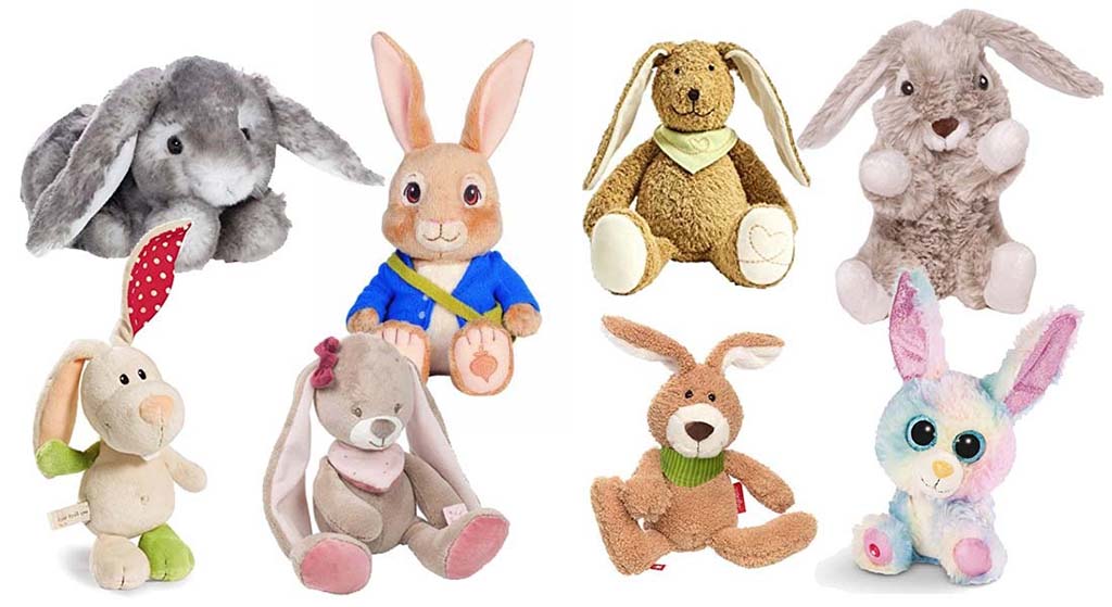 A variety of bunny stuffed animals displayed together, featuring different colors, fabrics, and styles—including floppy-eared plush bunnies, classic teddy-style rabbits, pastel fantasy designs, and character-inspired rabbits—set on a white background for comparison.