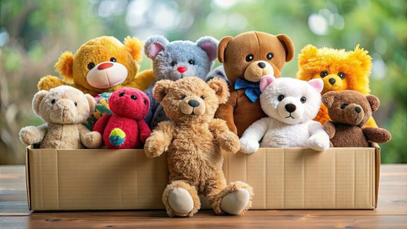 A collection of colorful teddy bears and stuffed animals arranged inside two cardboard boxes on a wooden table with a blurred outdoor background.