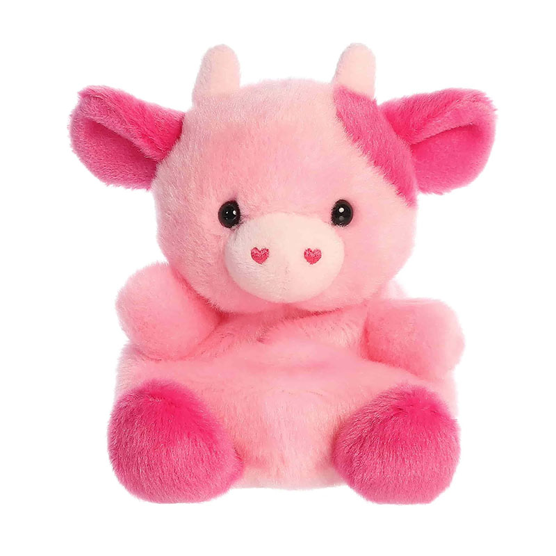 Adorable pink cow plush toy with heart-shaped nose details, soft gradient fur, floppy ears, and bright pink feet.