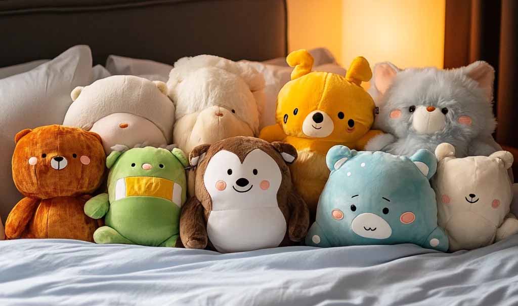 A row of colorful stuffed animals neatly arranged on a bed with pillows behind them