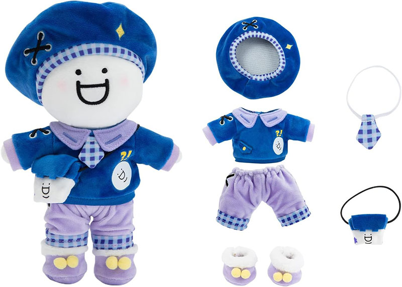 Blue plush doll wearing beret and outfit, shown with removable clothes and accessories on white background