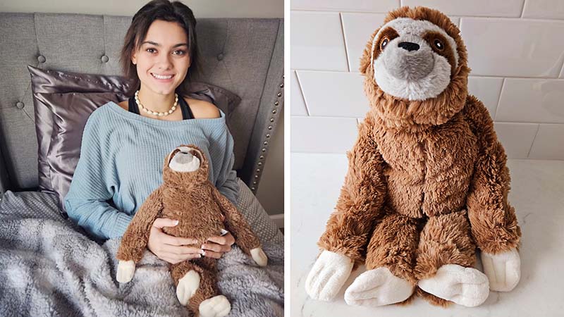 Woman relaxing on a bed while holding a brown weighted sloth plush toy, shown alongside a close-up of the sloth plush sitting upright