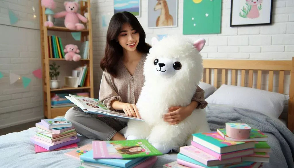 Young woman sitting on a bed reading a book while holding a large white alpaca plush toy, with colorful children’s books around her