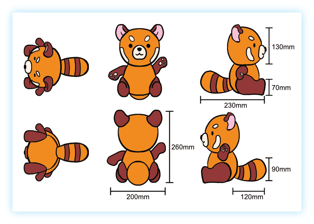 Multi-angle illustration of an orange animal plush toy shown from front, back, side, and top views, with labeled dimensions in millimeters indicating overall height, width, depth, and sitting proportions for production reference.