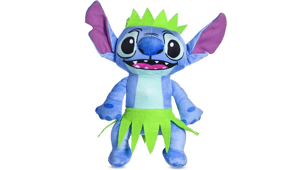 Stitch plush toy wearing green grass skirt costume