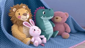 Lion dinosaur bunny and teddy plush toys sitting on blanket
