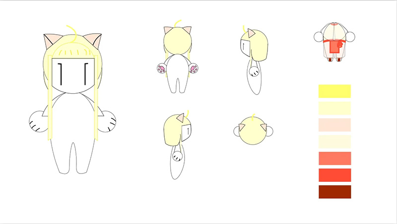 Character plush design sketch showing front side and back views