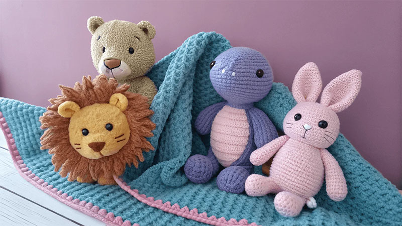 Handmade crochet amigurumi stuffed animals arranged on a knitted blanket