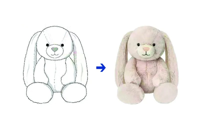 Plush bunny design transformation showing original line drawing on the left and finished soft rabbit plush toy on the right