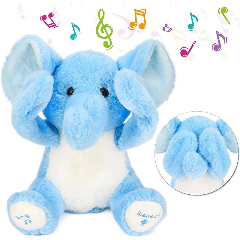 Blue musical elephant plush toy with moving ears, singing feature, and repeat voice function
