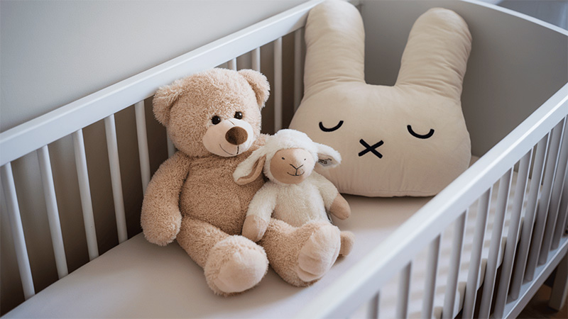 Stuffed teddy bear and lamb plush placed inside a baby crib