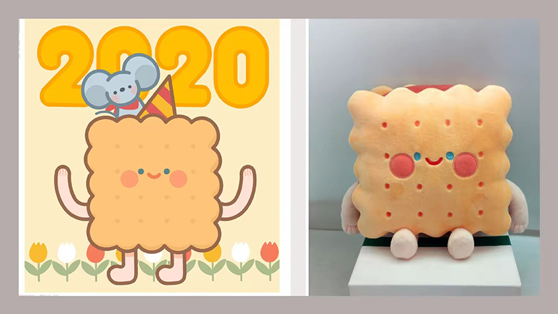 Side-by-side comparison of a cute cartoon biscuit character illustration and its finished plush toy version