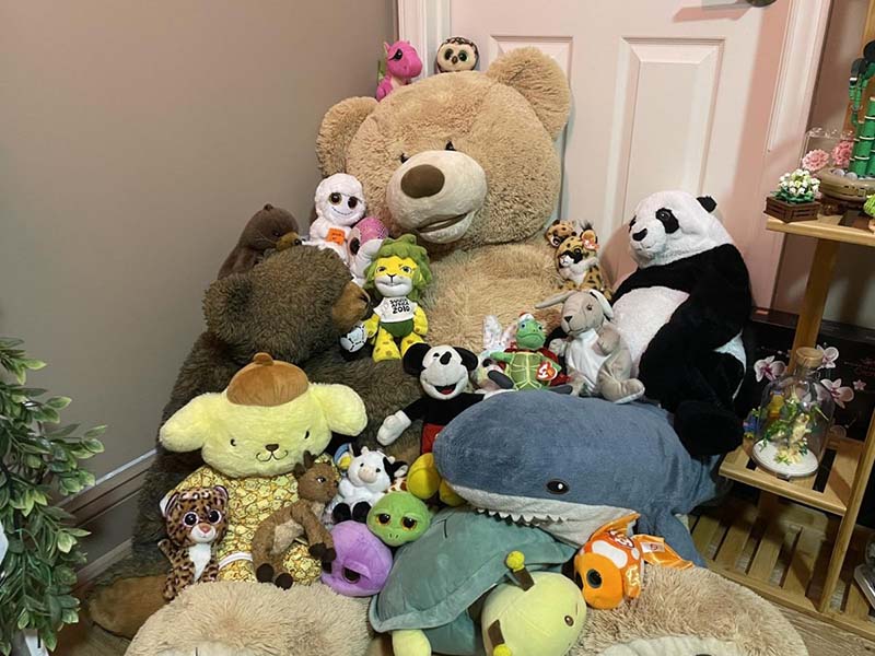 Large collection of stuffed animals arranged together in a cozy room