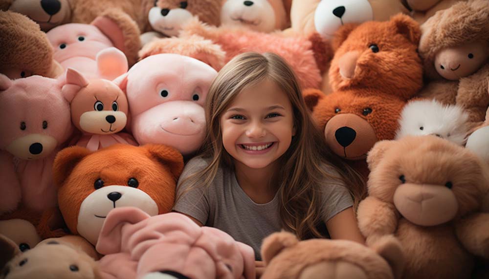 A child surrounded by plush toys, highlighting softness, comfort, and emotional appeal.