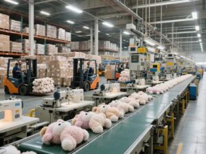 A large factory production line with sewing machines and a conveyor belt carrying plush toys, with forklifts and stacked cartons in the warehouse area.