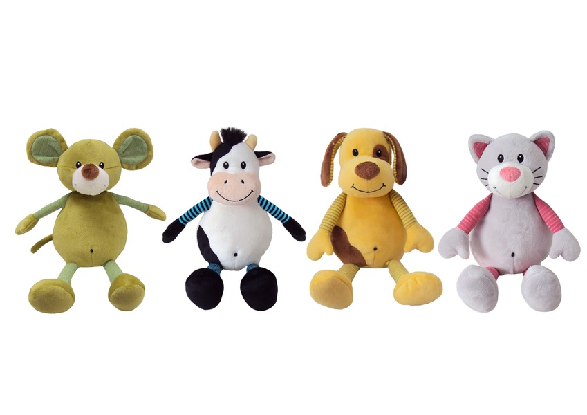 Four plush stuffed animals on a white background, including a mouse, cow, dog, and cat toy.