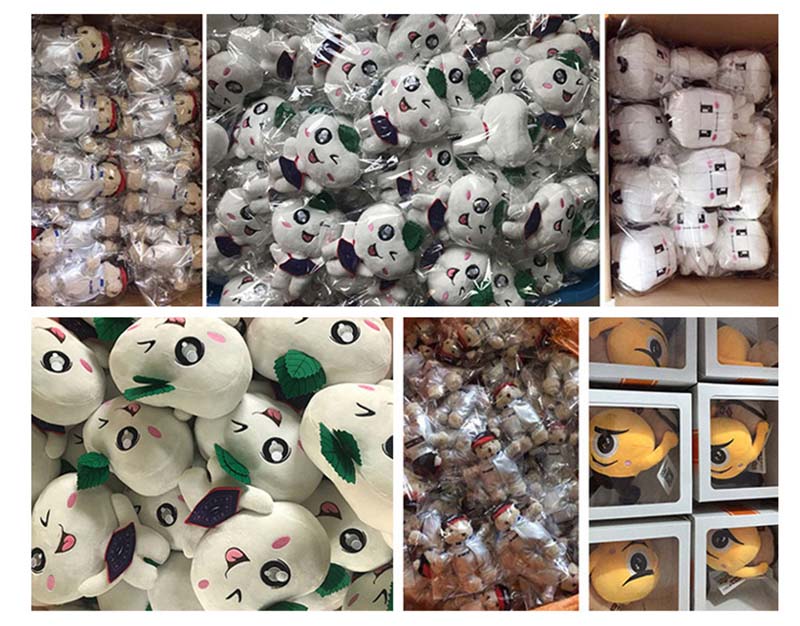 Collage of custom plush toys packed in plastic bags and boxes, showing bulk packaging and finished stuffed toy faces.