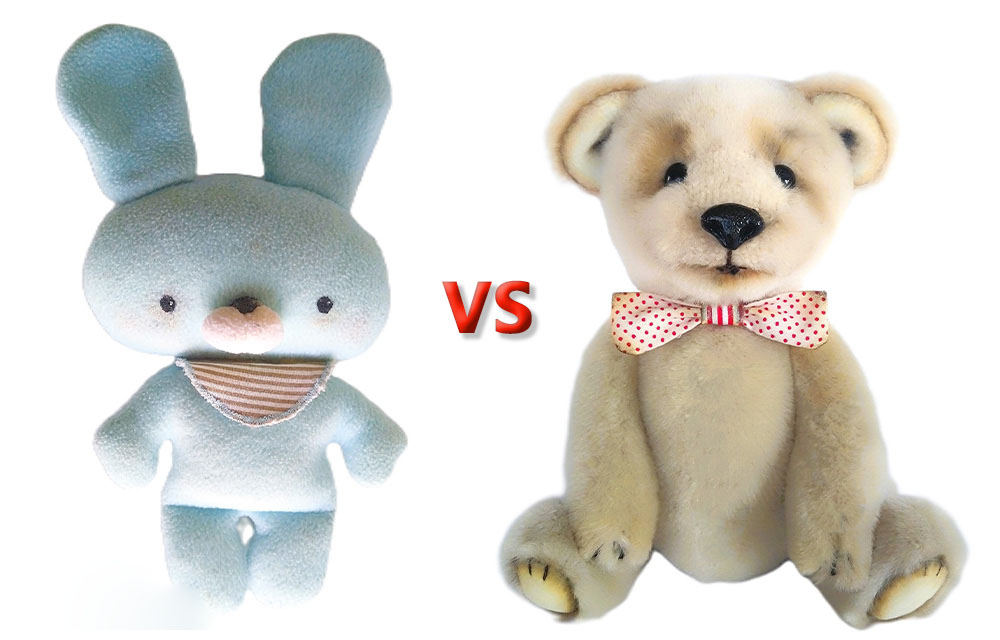 Side-by-side comparison of a handmade stuffed bunny and a plush teddy bear on a white background with “VS” in the center.