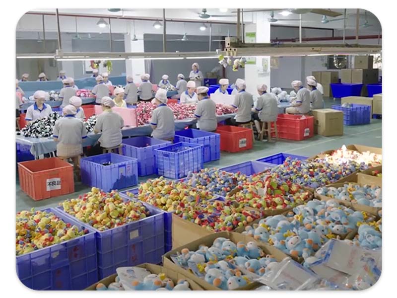 Plush toys are assembled, sorted, and inspected in bulk to ensure consistent quality during mass production.