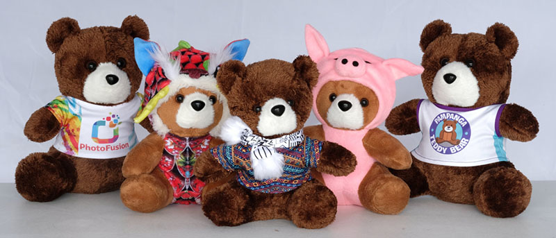 Five teddy bear plush toys dressed in different outfits and branded shirts, lined up on a light background.