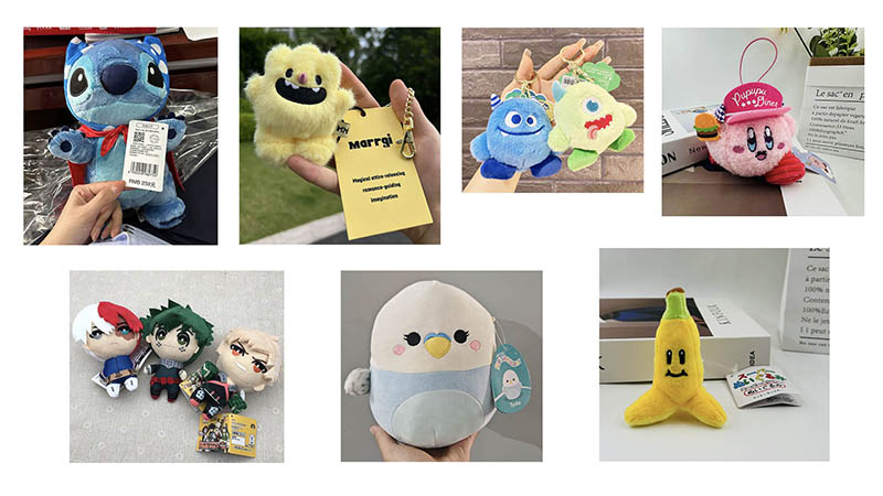 A variety of small plush keychains and bag charms featuring custom characters, tags, and creative designs for branding and retail use.
