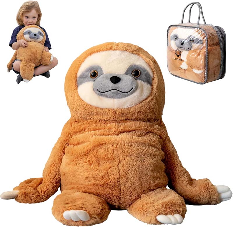 Large weighted sloth stuffed animal shown with child and carry storage bag