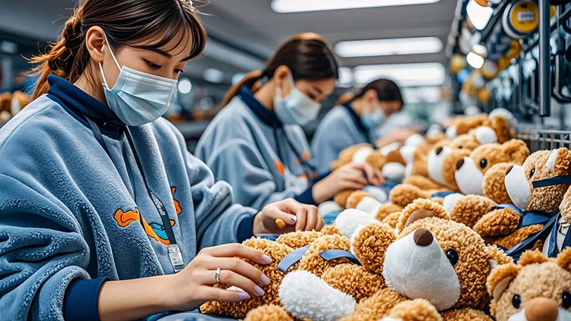 Workers inspect finished plush toys to ensure consistent quality before packaging.